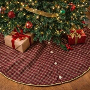 48" Maroon Plaid Glitter Button Tree Skirt Primitive Country Christmas Decor